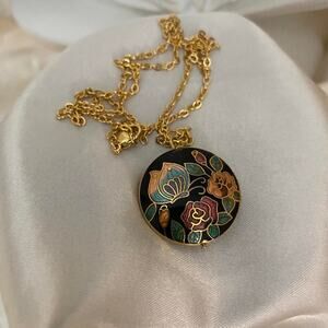 Vintage cloisonné butterfly flower 2 side pendant necklace 18k gold plated chain